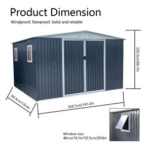 Abri de stockage de jardin gris de 12 pieds x 10 pieds avec toit Apex, cadre en alliage d'aluminium à 4 fenêtres - Product Image 3