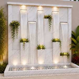 Fontaine murale moderne en marbre pour jardin extérieur, avec cascade à plusieurs niveaux et lames d'eau en verre illuminées - Product Image 5