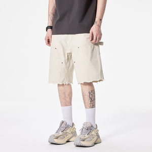 Shorts cargo en jean beige pour homme, taille mi-haute, bords bruts, effet usé, décontracté d'été, en coton tissé, avec poches - Product Image 2