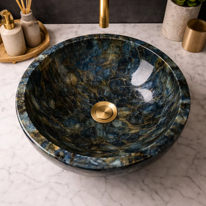 Vasque en pierre de labradorite, lavabo rond en marbre, vasque de salle de bain de luxe à poser sur comptoir, lavabo artisanal pour l'intérieur de la salle de bain - Product Image 1