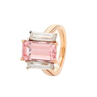 Bague cocktail de luxe en or 14 carats avec saphir rose de laboratoire taille émeraude 13x7mm certifié IGI, trois pierres baguette