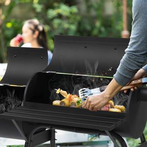 Outdoor All-Metal <b>BBQ</b> Grill with Offset Smoker and Side <b>Table</b> Wheels Barrel Style for Garden Patio or Backyard Kitchen - Product Image 5