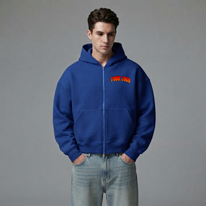 <b>Men's</b> <b>Blue</b> Hooded Zip-Up Sweatshirt Solid Color Cotton French Terry Casual Autumn Style Regular Fit Front Logo Printing - Product Image 1
