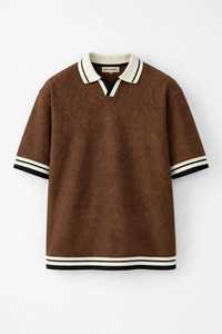 ONETEN APPARELS Camisa de Punto para Hombre, Manga Corta, Casual, Color Marrón Sólido, Cuello con Ribete, 100% Poliéster, Bordada, Transpirable - Product Image 1