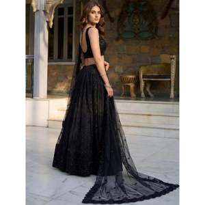 A-Line Mermaid Prom Evening Gown Black Embroidered Net Lehenga Choli for Quinceanera XL - Product Image 3