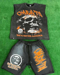 Ensemble 2 pièces homme T-shirt et short imprimé graphique uni, style vintage délavé à l'acide, collection Hiver 2024, vente chaude - Product Image 5