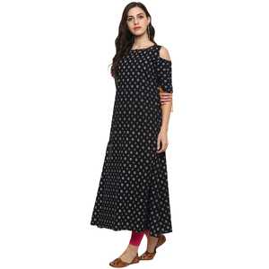 Kurti Negro de Algodón para Mujer, Estampado Geométrico, con Flecos, Corte en A, Mangas con Hombros Descubiertos, Ropa Casual de Verano, Secado Rápido, Reciclado - Product Image 5