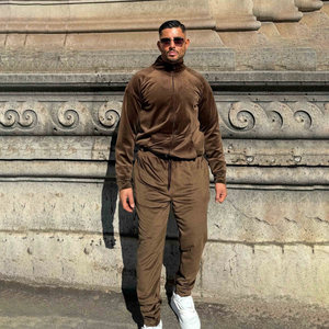 Ensemble de survêtement en velours marron pour homme, veste à col montant et pantalon de survêtement, tenue décontractée en deux pièces - Product Image 5