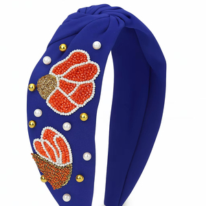 Royal <b>Blue</b> <b>Beaded</b> Headband with Coral & Pearl Embellishments Luxury Handmade Hair Accessory for Women and Girls Comfortable Wear - Product Image 1