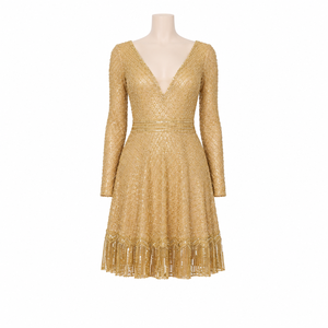 Robe mini de luxe en sequins dorés pour femme, col en V profond, manches longues, robe de soirée perlée, robe de cocktail élégante, tenue de soirée de créateur - Product Image 1