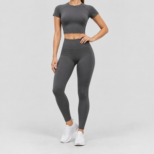 Charcoal Grey <b>Women's</b> <b>Short</b> Sleeve Quick Dry Fitness Co-Ord Set Crew Neck Cropped Tee High Waist <b>Leggings</b> Training Wear Private - Product Image 1