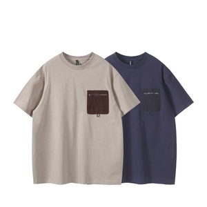 Oversized Men's Cotton <b>T</b>-<b>Shirt</b> Short Sleeve O-Neck Solid Color Casual Jersey Fabric Contrast <b>Pocket</b> Design - Product Image 3