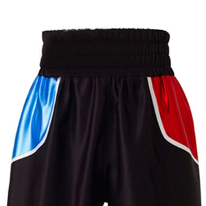 Shorts de boxe noirs personnalisés avec panneaux bleus et rouges, en polyester à séchage rapide, pour hommes, entraînement d'arts martiaux, taille adulte, coupe classique - Product Image 5