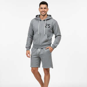 Ensemble de survêtement unisexe gris chiné en molleton bouclette avec sweat à capuche zippé à manches cloutées et short – Tenue de sport décontractée 2 pièces - Product Image 6