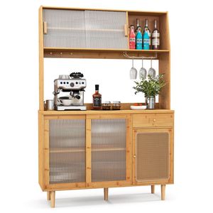 Mobile da Cucina Moderno in Bambù da 69 Pollici con Ante in Vetro Temperato, Spazio Extra e Sistema Anti-Ribaltamento, con Struttura in MDF e Acciaio/Metallo - Product Image 1