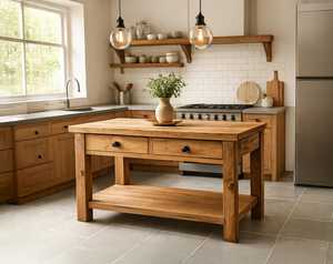 โต๊ะครัวไม้เนื้อแข็งพร้อมลิ้นชักเก็บของคู่และชั้นวางแบบเปิดด้านล่าง เฟอร์นิเจอร์ครัวสไตล์ฟาร์มเฮาส์แบบแข็งแรงทนทาน - Product Image 2