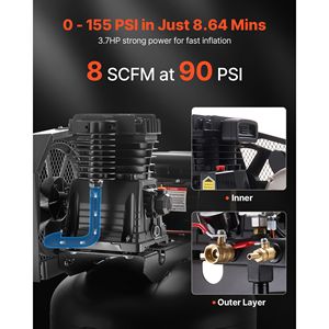 Compresseurs d'air robustes 3,7 HP 8 SCFM 90 PSI, réservoir de compresseur lubrifié à l'huile de 60 gallons, pression maximale de 155 PSI, capacité du réservoir de 300 L - Product Image 2
