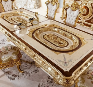 Juego de Comedor de Lujo en Madera de Teca Sólida Dorada, Estilo Europeo Clásico Tallado, para Comedor de Hotel, Hecho en Indonesia - Product Image 2