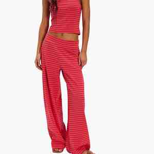 Custom Logo Ladies Cotton Red Women's Autumn Clothing <b>Two</b> <b>Piece</b> <b>Sets</b> Striped Strapless Tube Top Wide Leg Pants <b>Sets</b> - Product Image 1
