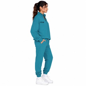 <b>Womens</b> Teal Quarter-Zip Hooded <b>Fleece</b> Sweatshirt & <b>Jogger</b> Tracksuit Set | Casual Gym Activewear with Custom Logo - Product Image 4