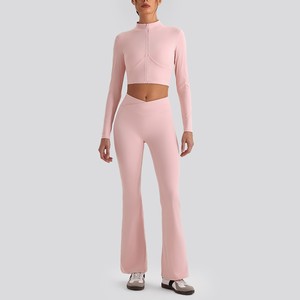 4pcs Sets Custom Logo Women Slim Fit <b>Top</b> T Shirts Sports Bra Active Wear Set High Waist Flare Pants Yoga Set Gym Fitness Clothes - Product Image 2