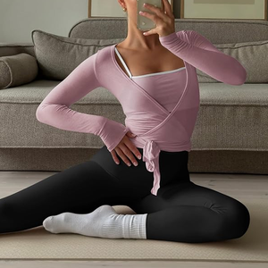 <b>Women</b> Asymmetrical <b>Long</b> Sleeve Yoga Top Solid Color Self-Tie Front Breathable Activewear <b>Shirt</b> - Product Image 6