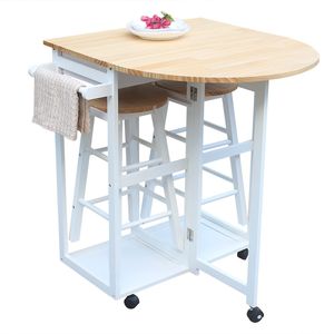 Carrello da Pranzo Pieghevole Semicircolare in Legno Massello con 2 Sgabelli Gratuiti Bianco YJ Isole e Carrelli da Cucina - Product Image 2