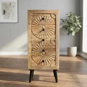 Commode à 5 tiroirs en bois massif sculptée à la main, style floral, table de chevet, armoire de rangement haute, pour chambre à coucher et salon, style ferme - Product Image 2