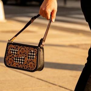 2026 New Fashion Western Stylish <b>Hand</b> Tooled Sheridan Florals Carved With Checkerboard Pattern 100% Genuine Leather Shoulder Bag - Product Image 5