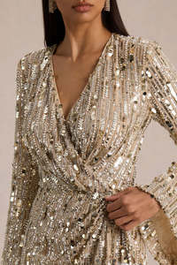 Mini-robe moulante à sequins dorés, décolleté plongeant, avec ceinture, style hip-hop sexy, col en V, pour soirées et événements, best-seller - Product Image 2