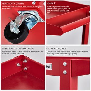 รถเข็นอเนกประสงค์เหล็กแข็งแรงทนทาน รับน้ำหนักได้ 200 ปอนด์ พร้อมล้อหมุนได้ 360 องศา 3 ชั้นวางของ ขอบชั้นวางแบบหนาปานกลาง สำหรับใส่เครื่องมือและอุปกรณ์ - Product Image 5