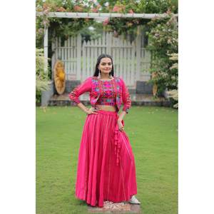 Livewear Handmade A-Line <b>Lehenga</b> Choli for Navratri Gamthi Embroidered Organza with <b>Crop</b> <b>Top</b> Natural Waistline Special Women - Product Image 3