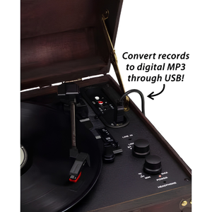 Vintage Wooden Suitcase Record Player Turntable with <b>Bluetooth</b>, <b>USB</b> Recording, Aux-In, Built-in Speakers, 3-Speed Vinyl Playback - Product Image 5
