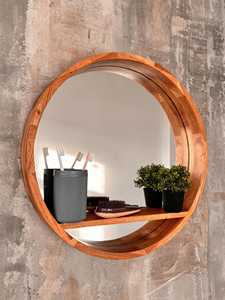 Nordic Round Wooden Mirror with Storage Shelf Deep <b>Frame</b> Circular Wall Mirror Minimalist <b>Oak</b> Wood Bathroom Entryway Organizer HD - Product Image 3