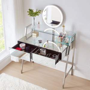 33.9 \ "lavabo trucco argento con Console a specchio 2 grandi cassetti Open Shelf e stazione di ricarica camera da letto luci tavolo toletta - Product Image 4
