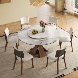 Moderno tavolo da pranzo in pietra sinterizzata da 59 pollici con giradischi da 35 pollici con Base in legno color noce unica 6 sedie per 6-8 persone - Product Image 1