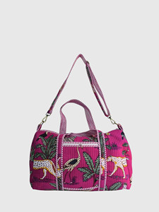 Bolsa de Viaje Acolchada Rosa con Estampado de Palmeras y Leopardo Tropical, Bolsa de Lona de Algodón - Product Image 4