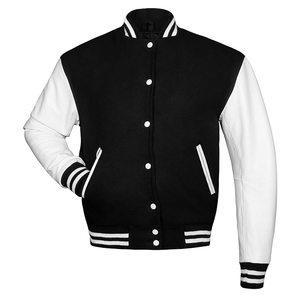 Veste universitaire hybride classique noire et blanche personnalisée avec manches en cuir blanc, fermeture à boutons-pression, col, poignets et ourlet à rayures côtelées - Product Image 3