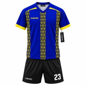Maillot de football pour hommes, bleu et jaune, impression par sublimation, col en V, manches longues, polyester respirant, pour adolescents et adultes - Product Image 1
