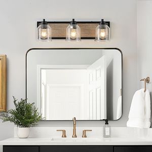 Lampada da bagno a 3 luci in stile rustico M, finitura effetto legno nero, 23 pollici, con paralumi in vetro smerigliato trasparente - Product Image 4