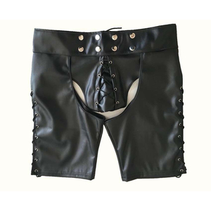 <b>Men's</b> Black Sexy Tight Pu Leather Shorts Solid Pattern Casual Faux Front Bandage Drawstring Closure High Waist Eco-Friendly - Product Image 2