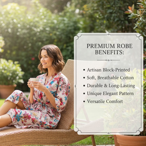 Kimono artisanal en coton à motif floral pêche |   Robe de chambre à manches longues et col en V pour femme |   Robe de chambre longue de haute qualité, un chef-d'œuvre - Product Image 3