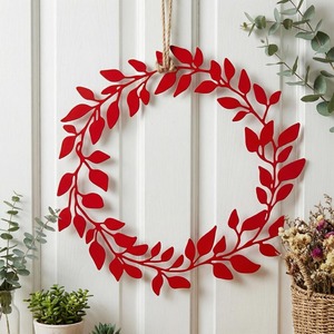 Corona de Hojas de Olivo Metálicas Rojas Vibrantes para Decoración de Pared, con un Anillo Botánico Estilo Silueta para Decoración Festiva de Puertas - Product Image 1