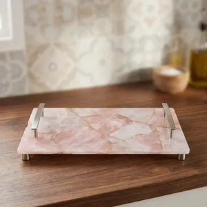 Handmade Pink Rose Quartz Stone Serving Tray with <b>Silver</b> Metal Handles Rectangular Decorative Kitchen <b>Coffee</b> <b>Table</b> Home Display - Product Image 6