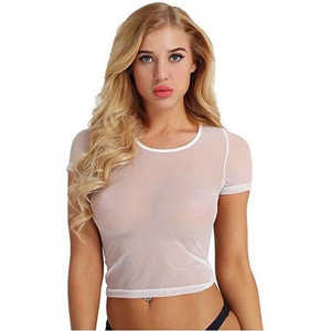 Top Corto Transparente de Manga Corta para Mujer, Cuello Redondo, Color Sólido, Transpirable, de Chifón, Sexy, para Club, Verano - Product Image 3