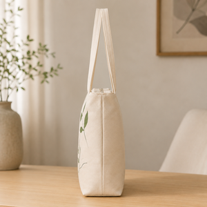Leaf Print Canvas & Cotton <b>Tote</b> <b>Bag</b> PP Webbing Zipper Shoulder Handle <b>Medium</b> Size Reusable Shopping Carryall for Daily Travel - Product Image 5