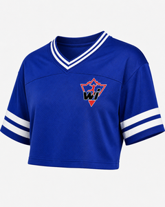 เสื้อเบสบอลครอปสีน้ำเงินคุณภาพสูงสำหรับผู้หญิง แบบสั่งทำพิเศษ แขนสั้น ระบายอากาศได้ดี เหมาะสำหรับทีมกีฬา - Product Image 4