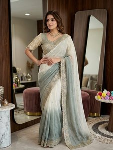 Elegant Reglance Fendy <b>Satin</b> Traditional Designer <b>Saree</b> Beautiful Sequin Embroidery Heavy Embroidery Border All Butti Aarco Work - Product Image 3