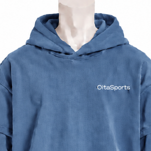 Sweat-shirt à capuche bleu denim double couche, coupe oversize, manches courtes superposées à manches longues, style décontracté streetwear - Product Image 3