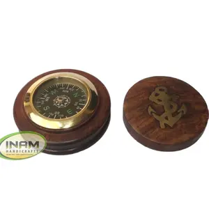 Nautical handmade brass compass with wooden box brass anchor inlay work